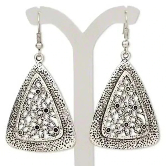 Antiqued Silver Filigree Flowers Triangle Dangle Earrings - Picture 1 of 1